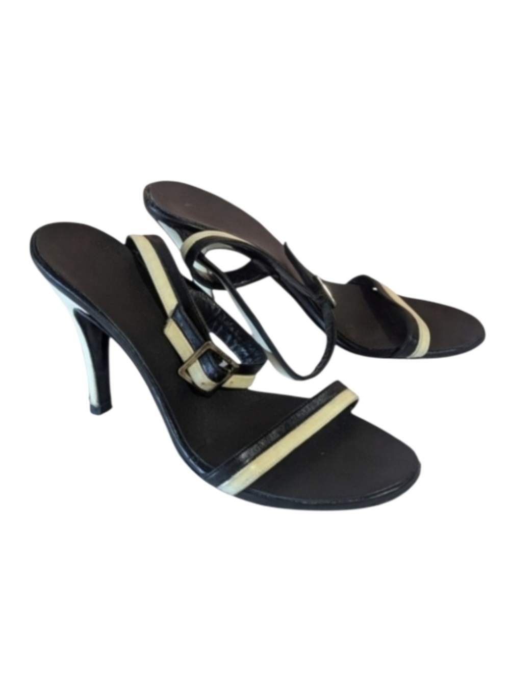 CHANEL Black Patent Leather Heeled Sandals with Ivory Trim